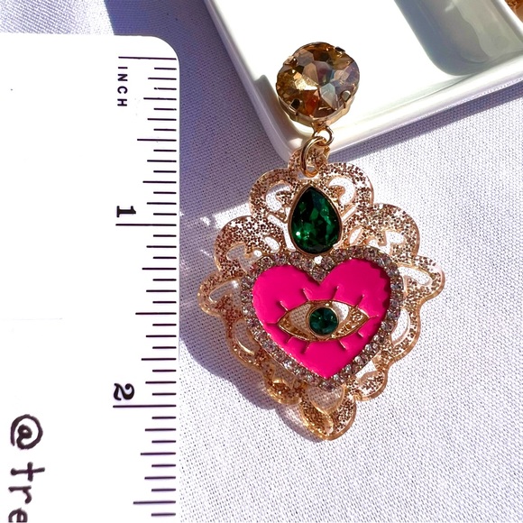Pink Enamel Heart Earrings Green Amber Rhinestone Gold Drop Sparkly Statement - Picture 5 of 6
